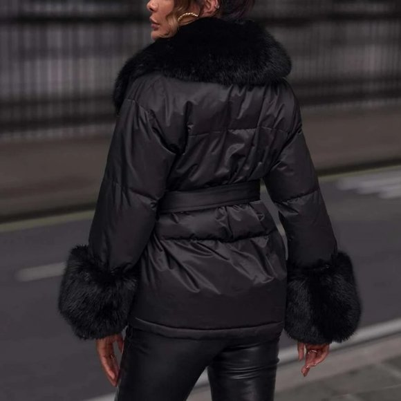 Faux fur Collar Belted Puffer Coat jacket contemporary minimalist - Picture 6 of 6